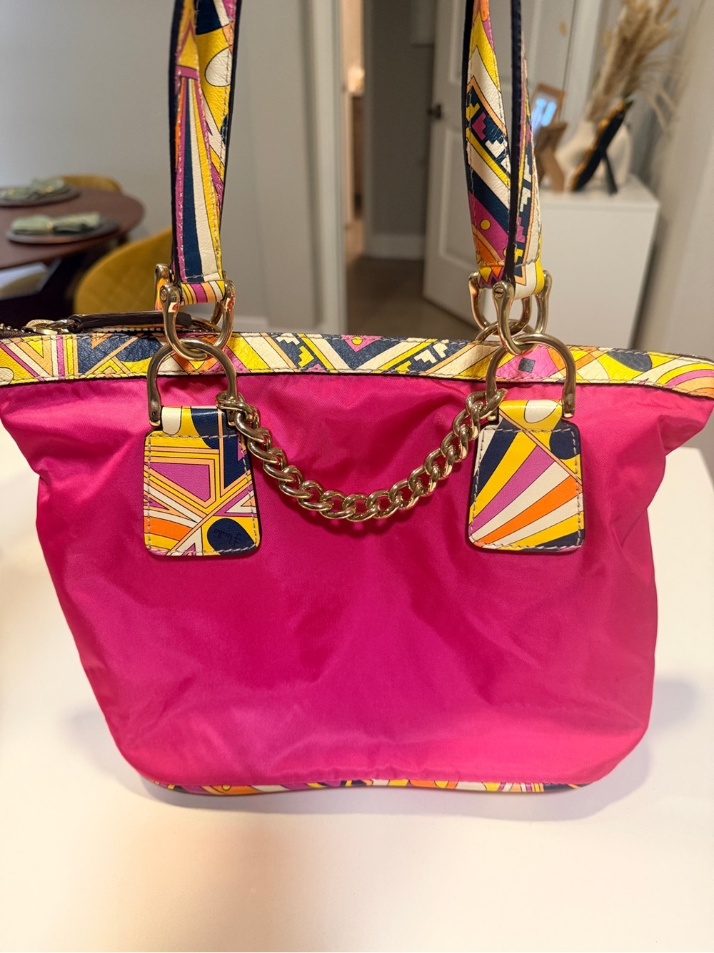 Emilio Pucci Pink Nylon Tote Bag Multicolor Print Leather Trim Gold Chain w/ COA
